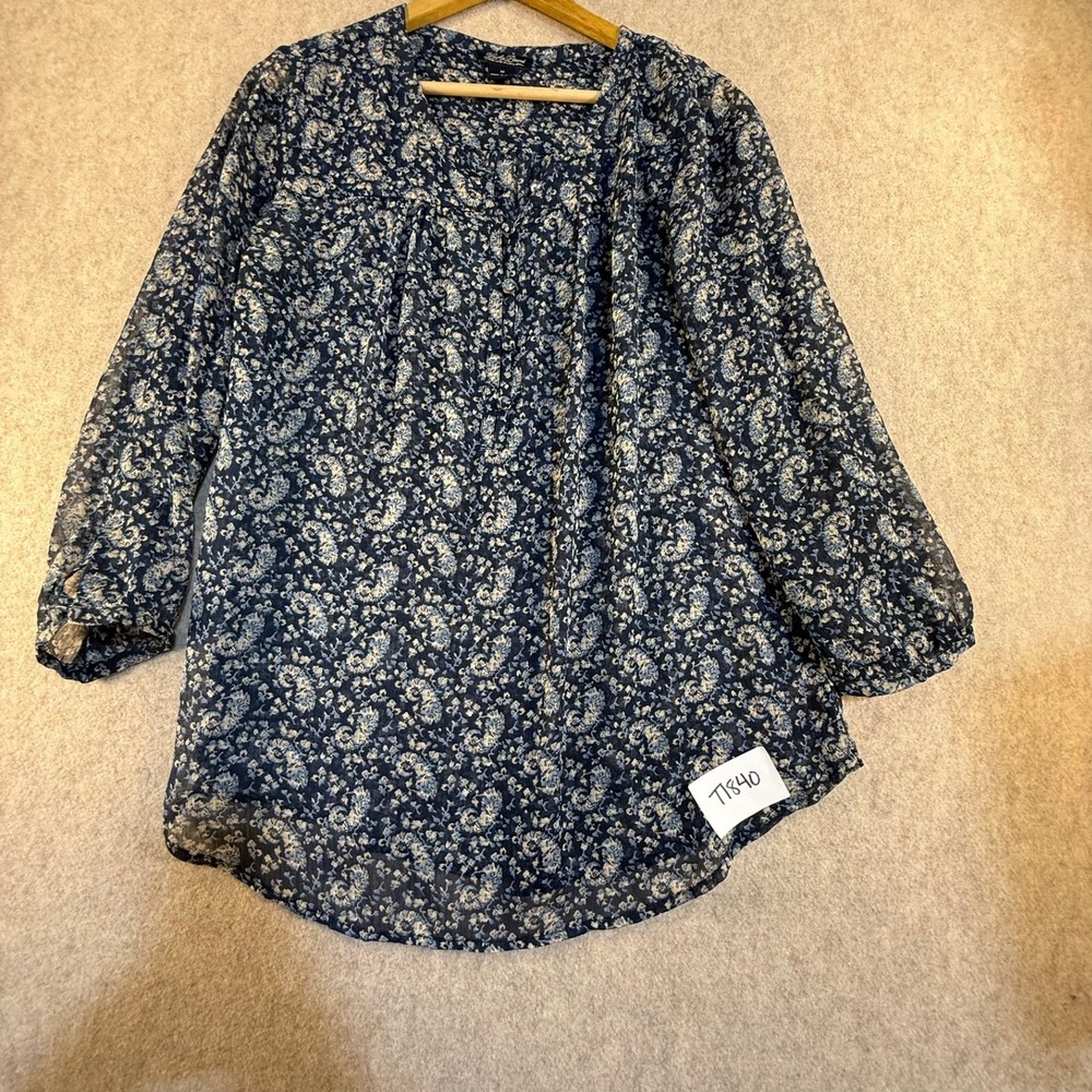 Lucky Brand Navy Blue Floral Paisley Peasant Blouse Long Sleeve Top Medium